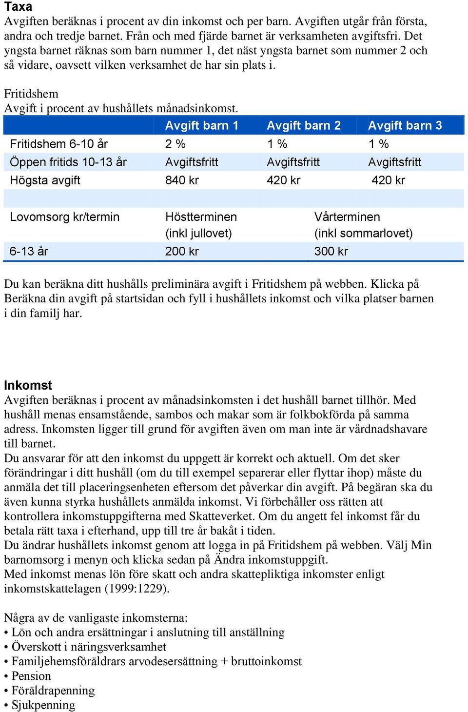 Avgift barn 1 Avgift barn 2 Avgift barn 3 Fritidshem 6-10 år 2 % 1 % 1 % Öppen fritids 10-13 år Avgiftsfritt Avgiftsfritt Avgiftsfritt Högsta avgift 840 kr 420 kr 420 kr Lovomsorg kr/termin