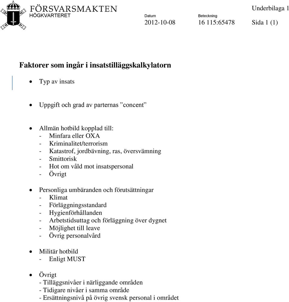 Personliga umbäranden och förutsättningar - Klimat - Förläggningsstandard - Hygienförhållanden - Arbetstidsuttag och förläggning över dygnet - Möjlighet till leave -