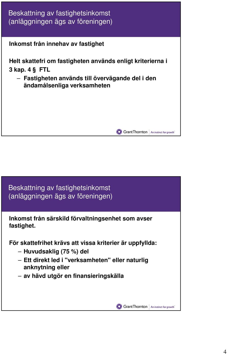 4 FTL Fastigheten används till övervägande del i den ändamålsenliga verksamheten Beskattning av fastighetsinkomst (anläggningen ägs av