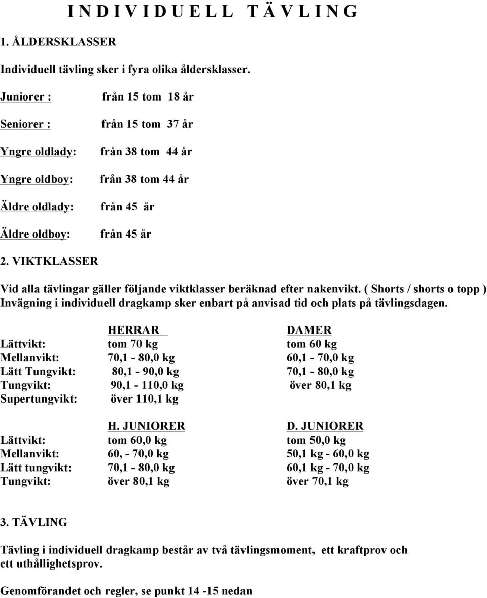 VIKTKLASSER Vid alla tävlingar gäller följande viktklasser beräknad efter nakenvikt. ( Shorts / shorts o topp ) Invägning i individuell dragkamp sker enbart på anvisad tid och plats på tävlingsdagen.