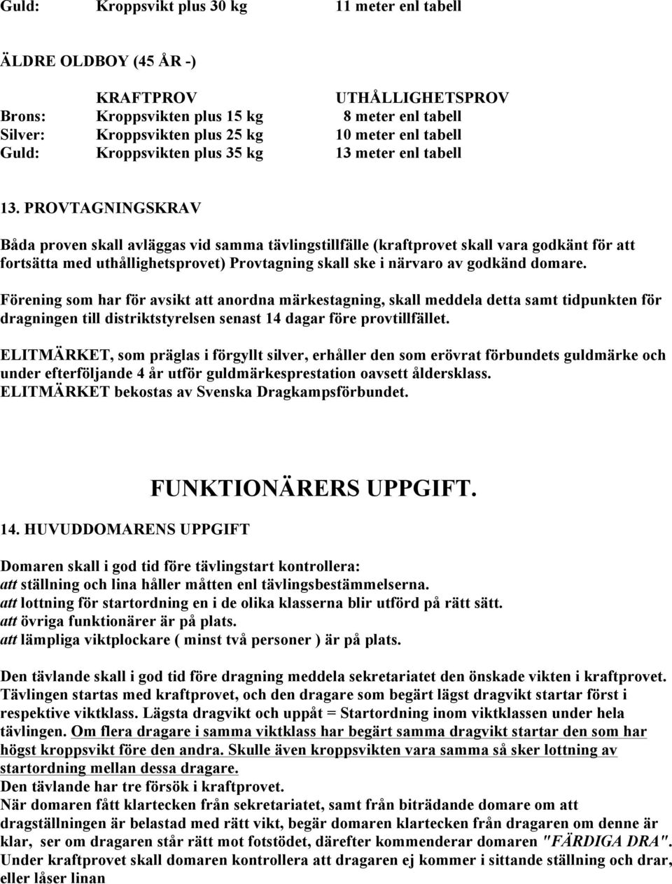 PROVTAGNINGSKRAV Båda proven skall avläggas vid samma tävlingstillfälle (kraftprovet skall vara godkänt för att fortsätta med uthållighetsprovet) Provtagning skall ske i närvaro av godkänd domare.