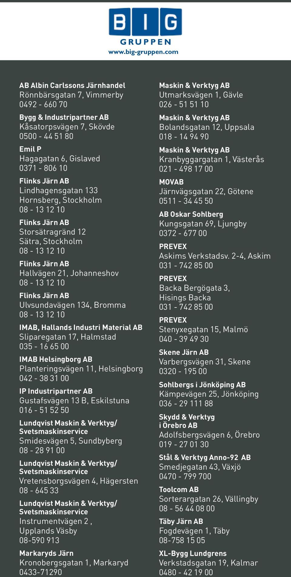 Hornsberg, Stockholm Storsätragränd 12 Sätra, Stockholm Hallvägen 21, Johanneshov Ulvsundavägen 134, Bromma IMAB, Hallands Industri Material AB Sliparegatan 17, Halmstad 035-16 65 00 IMAB Helsingborg