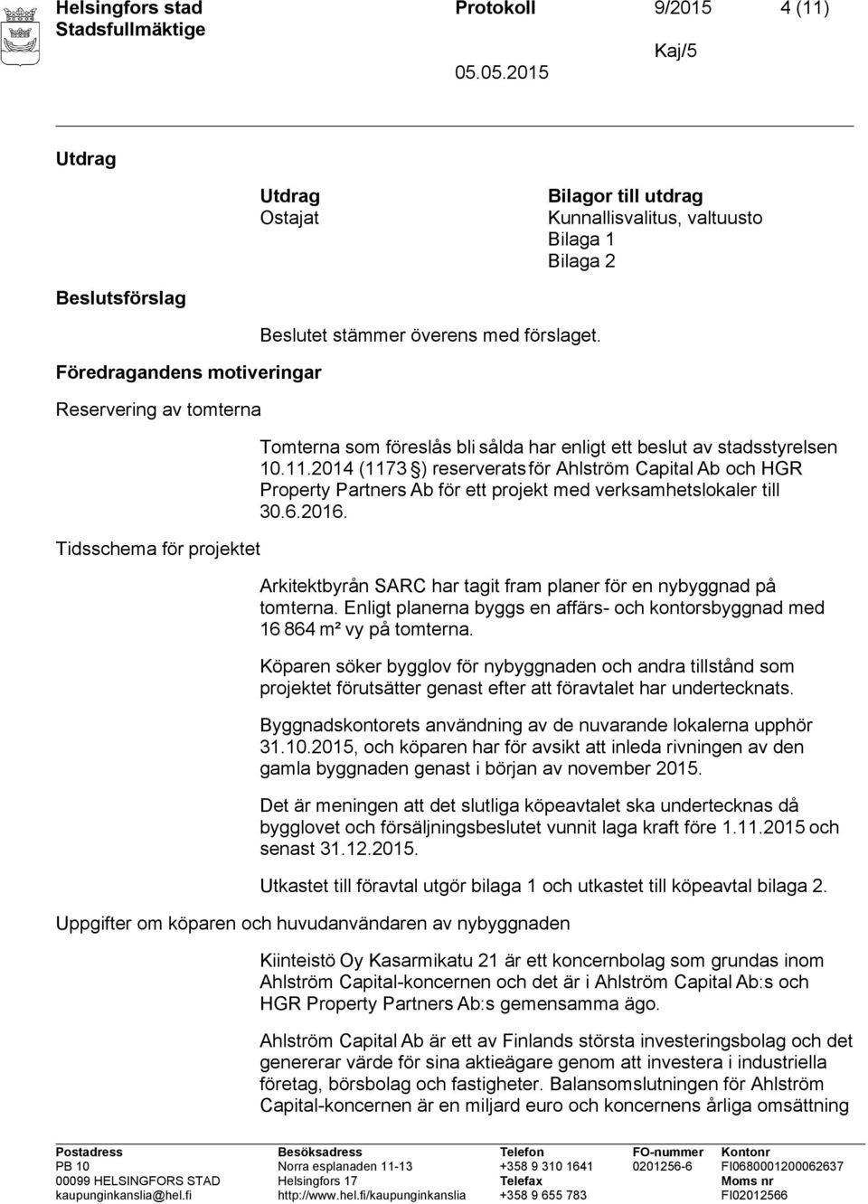 2014 (1173 ) reserverats för Ahlström Capital Ab och HGR Property Partners Ab för ett projekt med verksamhetslokaler till 30.6.2016.