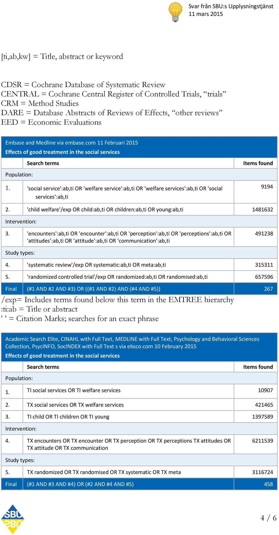 'social service':ab,ti OR 'welfare service':ab,ti OR 'welfare services':ab,ti OR 'social services':ab,ti 9194 2. 'child welfare'/exp OR child:ab,ti OR children:ab,ti OR young:ab,ti 1481632 3.