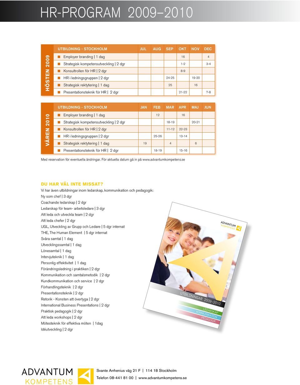 Strategisk kompetensutveckling 2 dgr 18-19 20-21 Konsultrollen för HR 2 dgr 11-12 22-23 HR i ledningsgruppen 2 dgr 25-26 13-14 Strategisk rektytering 1 dag 19 4 6 Presentationsteknik för HR 2 dgr