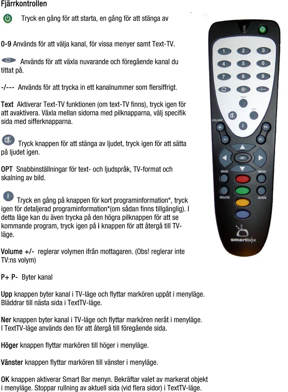 Text Aktiverar Text-TV funktionen (om text-tv finns), tryck igen för att avaktivera. Växla mellan sidorna med pilknapparna, välj specifik sida med sifferknapparna.