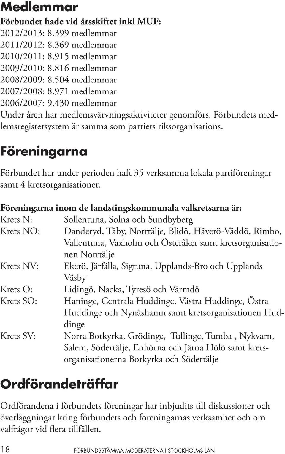 Föreningarna Förbundet har under perioden haft 35 verksamma lokala partiföreningar samt 4 kretsorganisationer.