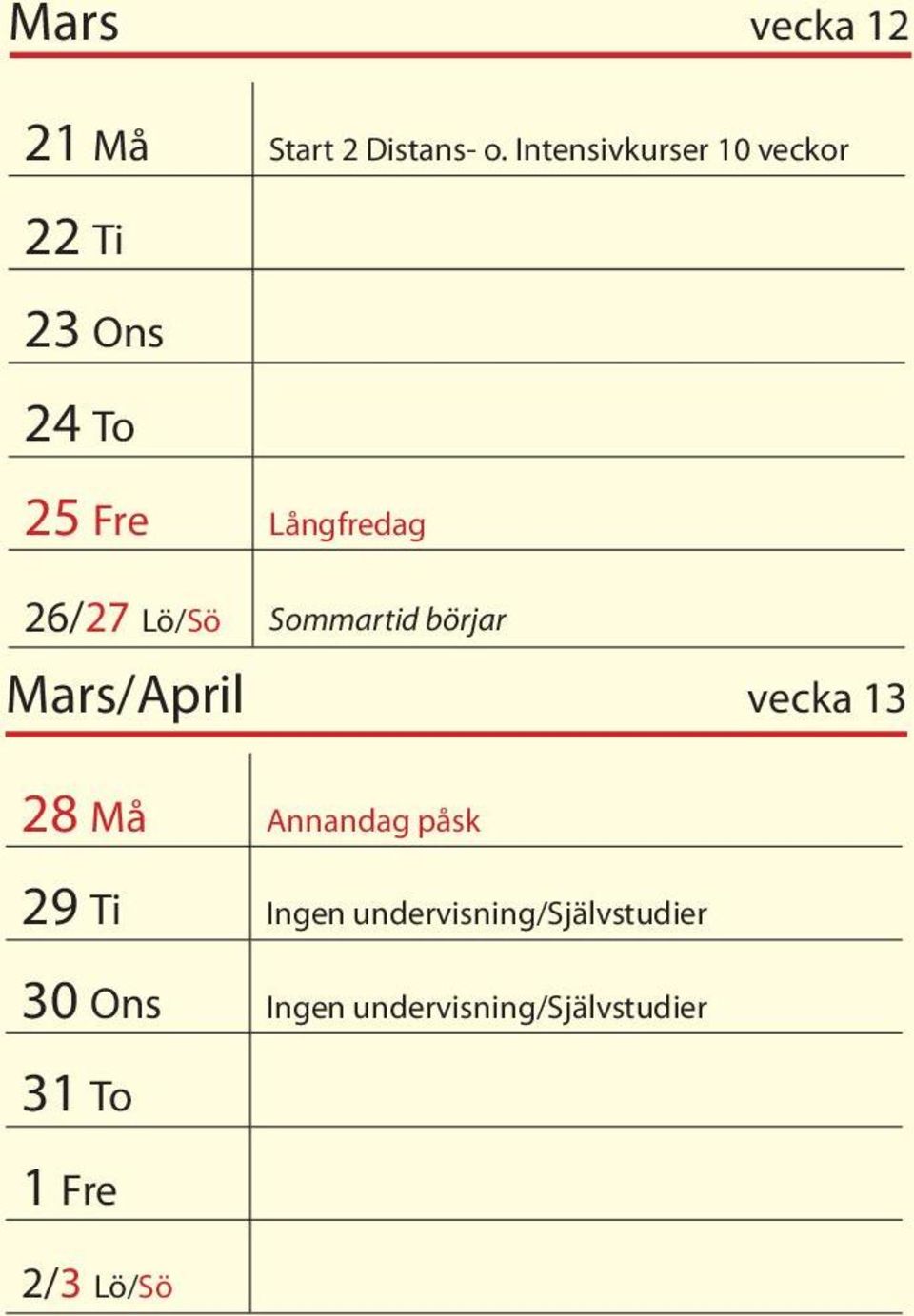 Lö/Sö Sommartid börjar Mars/April vecka 13 28 Må Annandag påsk 29