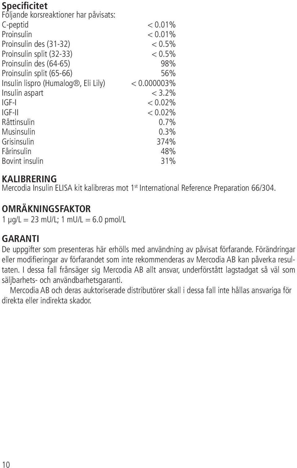3% Grisinsulin 374% Fårinsulin 48% Bovint insulin 31% KALIBRERING Mercodia Insulin ELISA kit kalibreras mot 1 st International Reference Preparation 66/304.