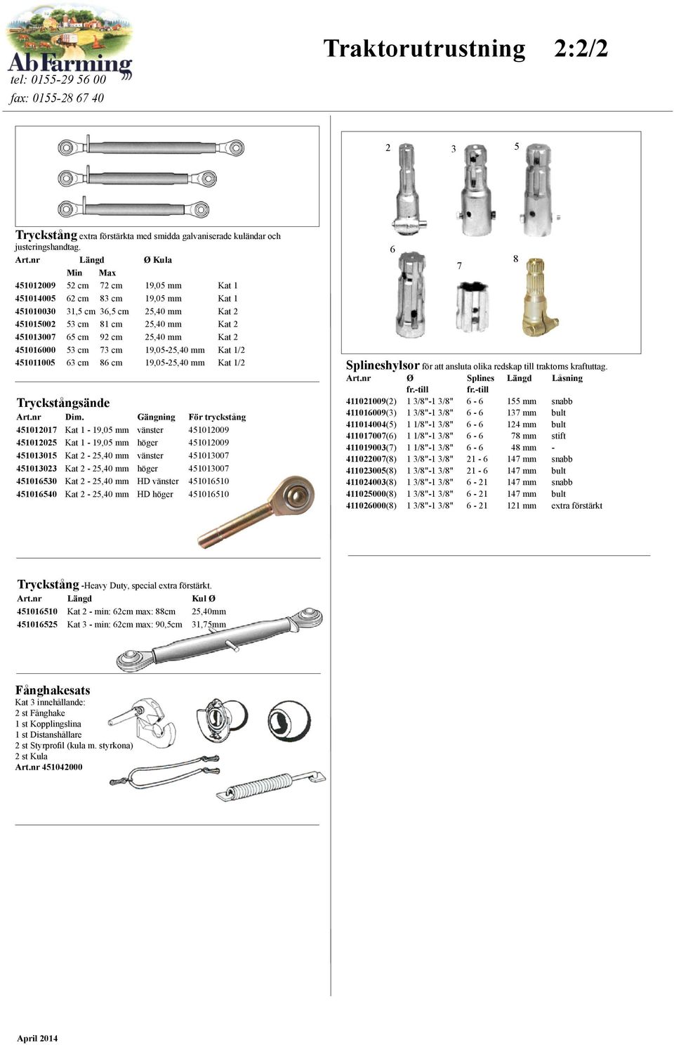 25,40 mm Kat 2 451016000 53 cm 73 cm 19,05-25,40 mm Kat 1/2 451011005 63 cm 86 cm 19,05-25,40 mm Kat 1/2 Tryckstångsände Dim.