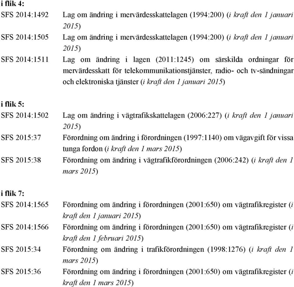 2015) i flik 5: SFS 2014:1502 SFS 2015:37 Lag om ändring i vägtrafikskattelagen (2006:227) (i kraft den 1 januari 2015) Förordning om ändring i förordningen (1997:1140) om vägavgift för vissa tunga