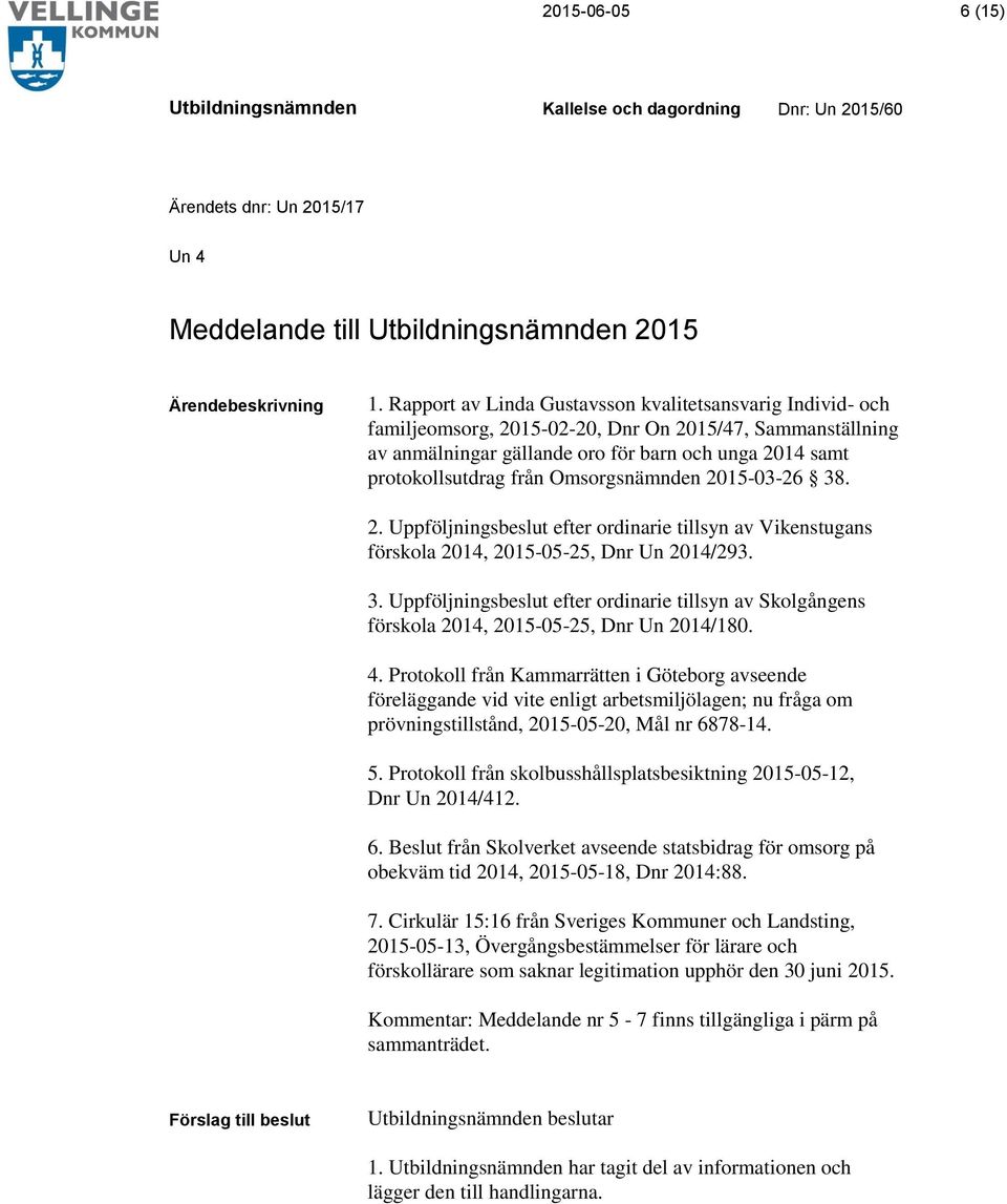 Omsorgsnämnden 2015-03-26 38. 2. Uppföljningsbeslut efter ordinarie tillsyn av Vikenstugans förskola 2014, 2015-05-25, Dnr Un 2014/293. 3. Uppföljningsbeslut efter ordinarie tillsyn av Skolgångens förskola 2014, 2015-05-25, Dnr Un 2014/180.