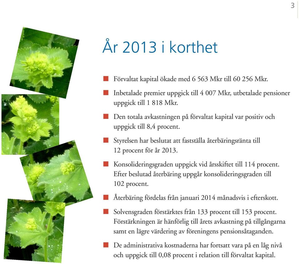 Konsolideringsgraden uppgick vid årsskiftet till 114 procent. Efter beslutad återbäring uppgår konsolideringsgraden till 102 procent. Återbäring fördelas från januari 2014 månadsvis i efterskott.