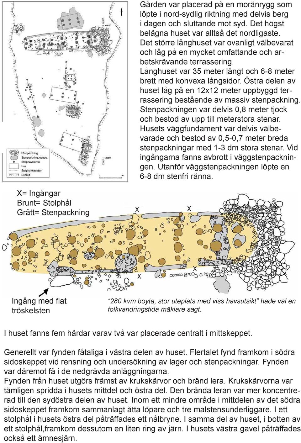 Östra delen av huset låg på en 12x12 meter uppbyggd terrassering bestående av massiv stenpackning. Stenpackningen var delvis 0,8 meter tjock och bestod av upp till meterstora stenar.