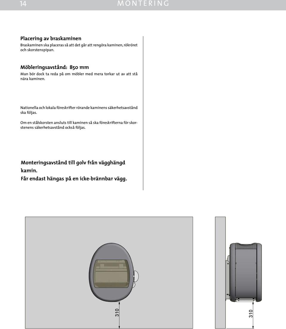 Nationella och lokala föreskrifter rörande kaminens säkerhetsavstånd ska följas.