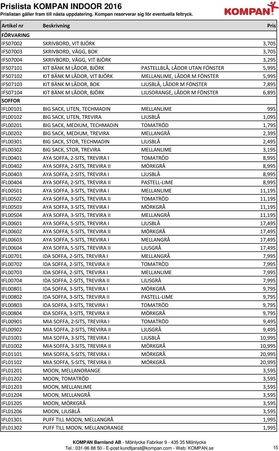 LÅDOR UTAN FÖNSTER 5,995 IFS07102 KIT BÄNK M LÅDOR, VIT BJÖRK MELLANLIME, LÅDOR M FÖNSTER 5,995 IFS07103 KIT BÄNK M LÅDOR, BOK LJUSBLÅ, LÅDOR M FÖNSTER 7,895 IFS07104 KIT BÄNK M LÅDOR, BJÖRK