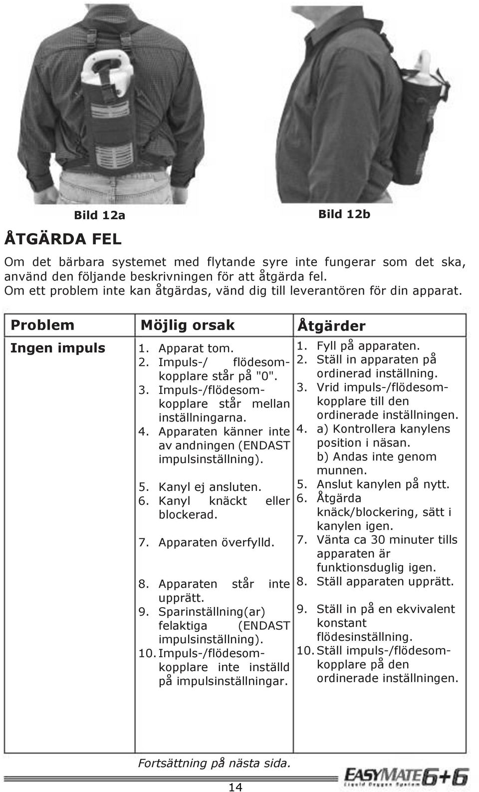 Impuls-/flödesomkopplare står mellan inställningarna. 4. Apparaten känner inte av andningen (ENDAST impulsinställning). 5. Kanyl ej ansluten. 6. Kanyl knäckt eller blockerad. 7. Apparaten överfylld.