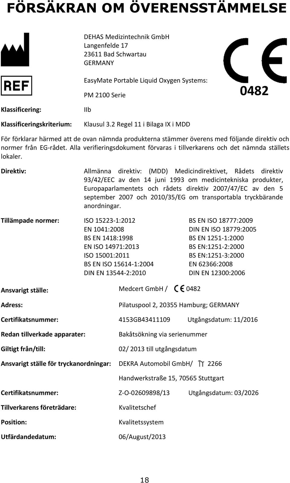 Alla verifieringsdokument förvaras i tillverkarens och det nämnda ställets lokaler.