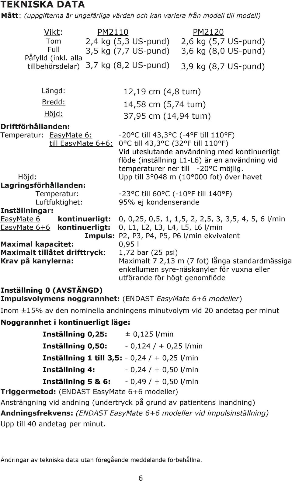 tum) 14,58 cm (5,74 tum) 37,95 cm (14,94 tum) Driftförhållanden: Temperatur: EasyMate 6: -20 C till 43,3 C (-4 F till 110 F) till EasyMate 6+6: 0 C till 43,3 C (32 F till 110 F) Vid uteslutande