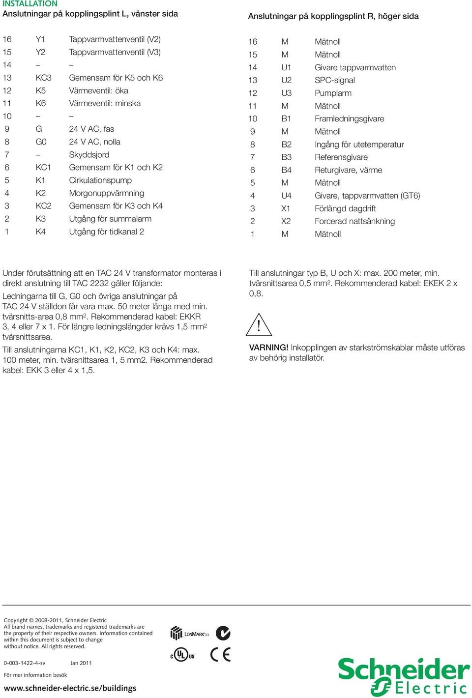 Anslutningar på kopplingsplint R, höger sida 16 M Mätnoll 15 M Mätnoll 14 U1 ivare tappvarmvatten 13 U2 SPC-signal 12 U3 Pumplarm 11 M Mätnoll 10 B1 Framledningsgivare 9 M Mätnoll 8 B2 Ingång för