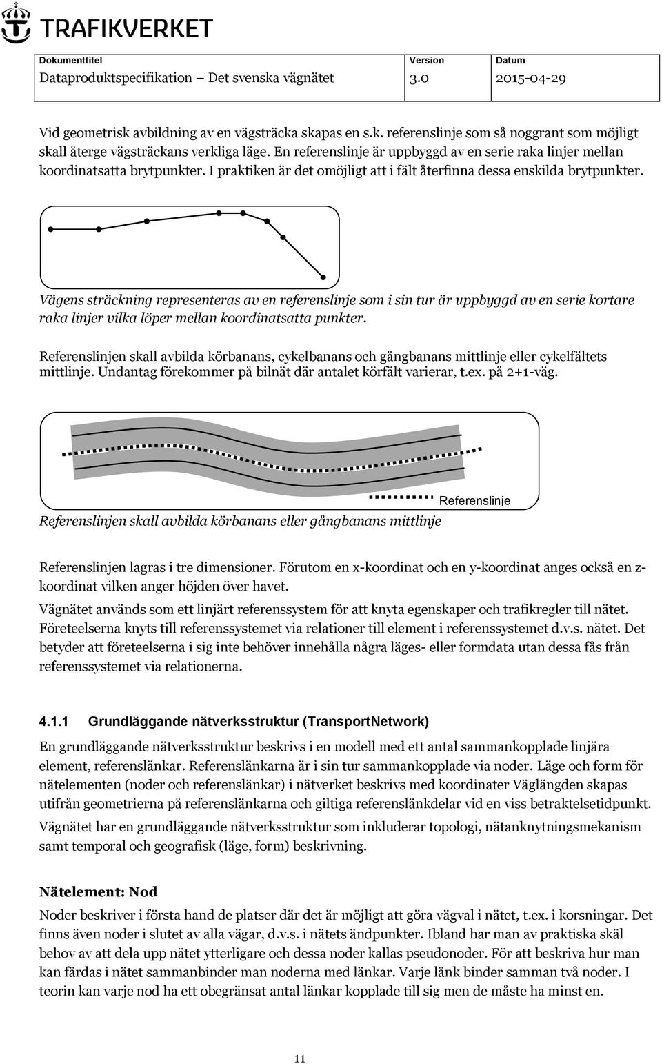 Vägens sträckning representeras av en referenslinje som i sin tur är uppbyggd av en serie kortare raka linjer vilka löper mellan koordinatsatta punkter.