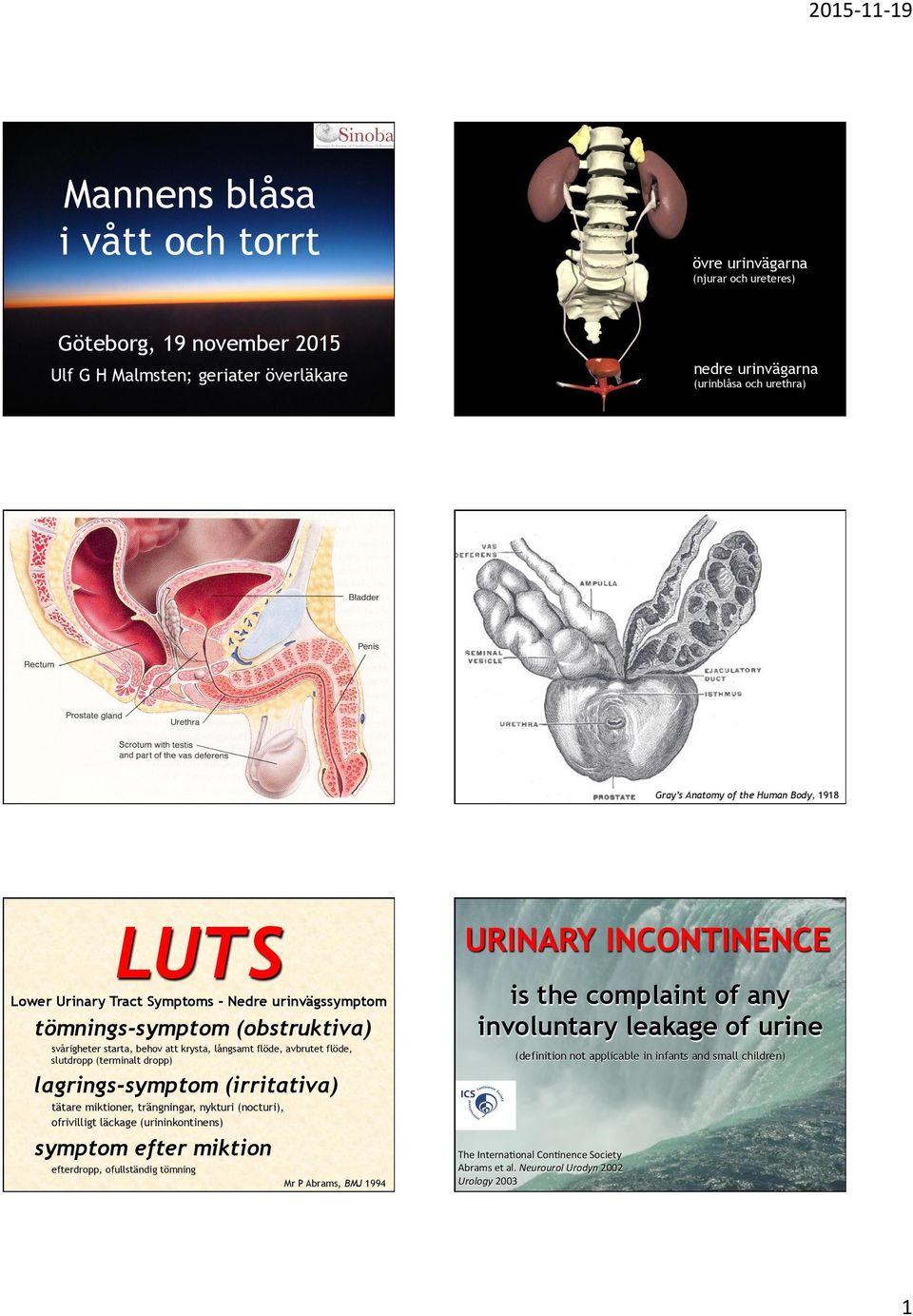 dropp) lagrings-symptom (irritativa) tätare miktioner, trängningar, nykturi (nocturi), ofrivilligt läckage (urininkontinens) symptom efter miktion efterdropp, ofullständig tömning Mr P Abrams, BMJ