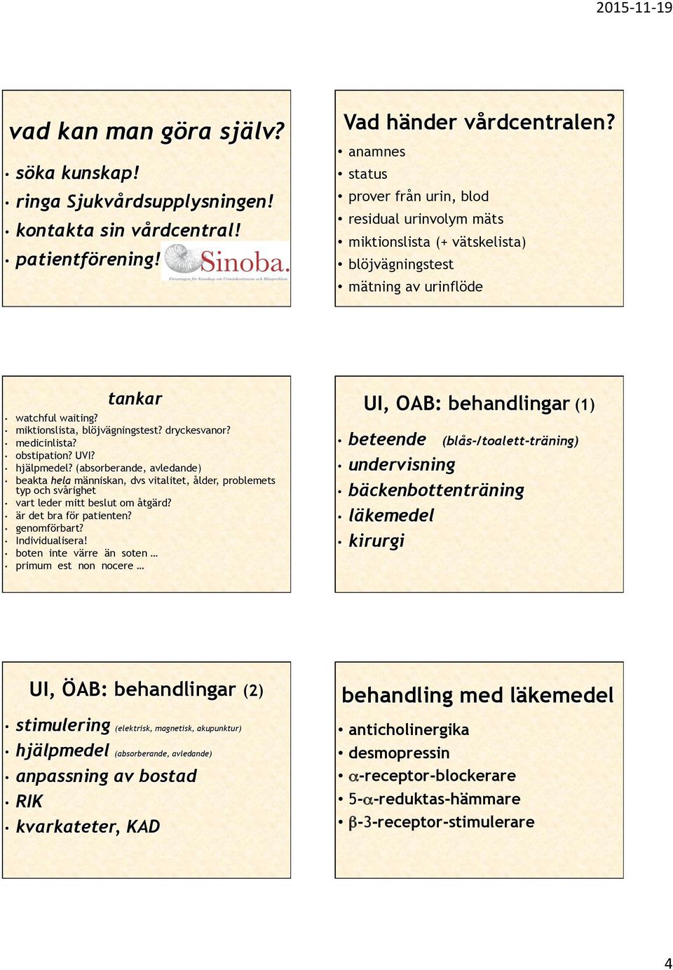 dryckesvanor? medicinlista? obstipation? UVI? hjälpmedel? (absorberande, avledande) beakta hela människan, dvs vitalitet, ålder, problemets typ och svårighet vart leder mitt beslut om åtgärd?