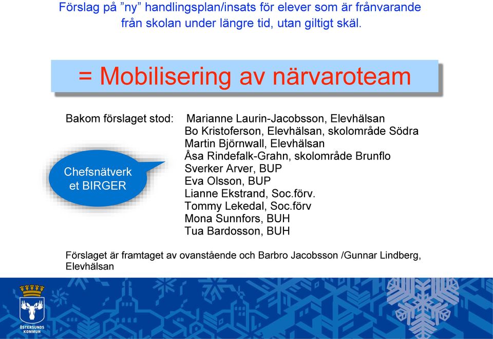 Elevhälsan, skolområde Södra Martin Björnwall, Elevhälsan Åsa Rindefalk-Grahn, skolområde Brunflo Sverker Arver, BUP Eva Olsson, BUP