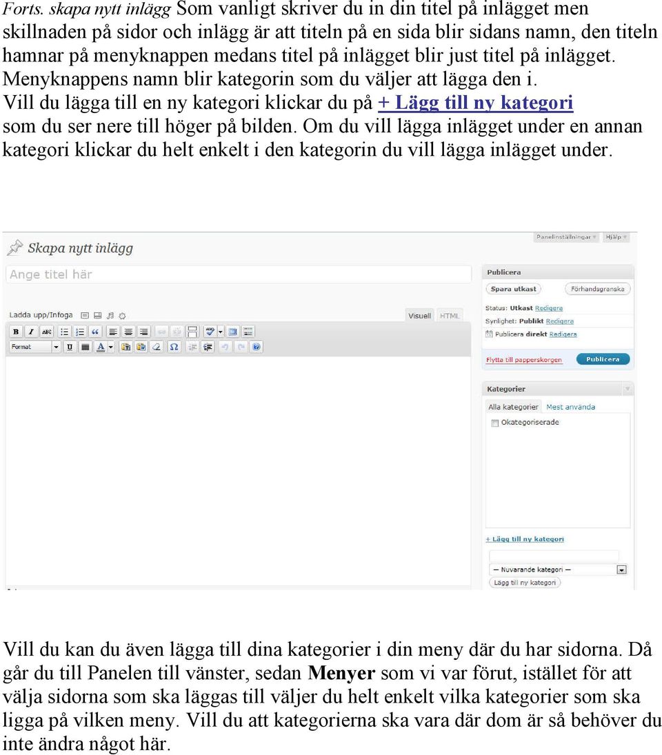 inlägget blir just titel på inlägget. Menyknappens namn blir kategorin som du väljer att lägga den i.