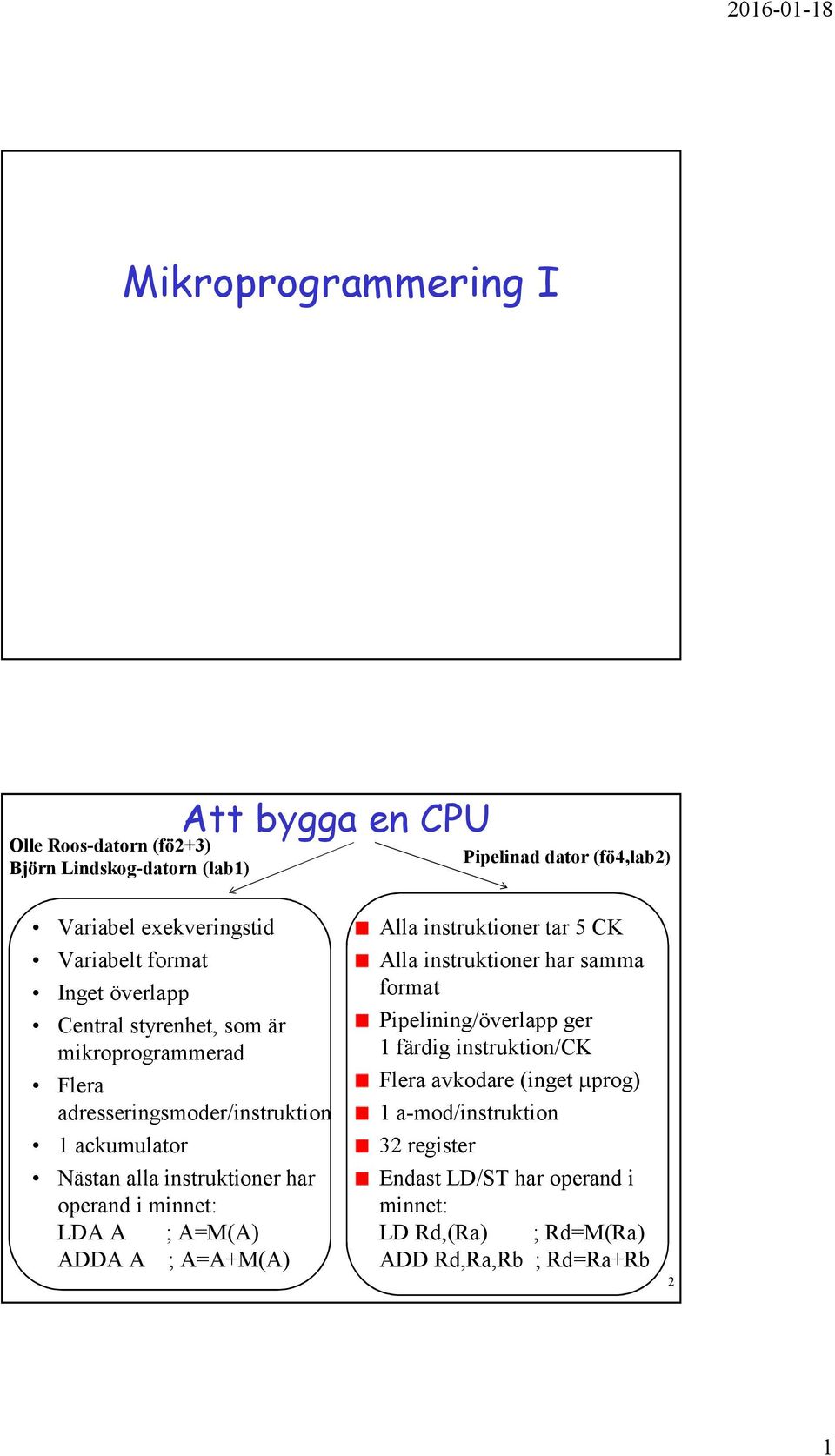 instruktioner har operand i minnet: LDA A ; A=(A) ADDA A ; A=A+(A) Alla instruktioner tar 5 CK Alla instruktioner har samma format