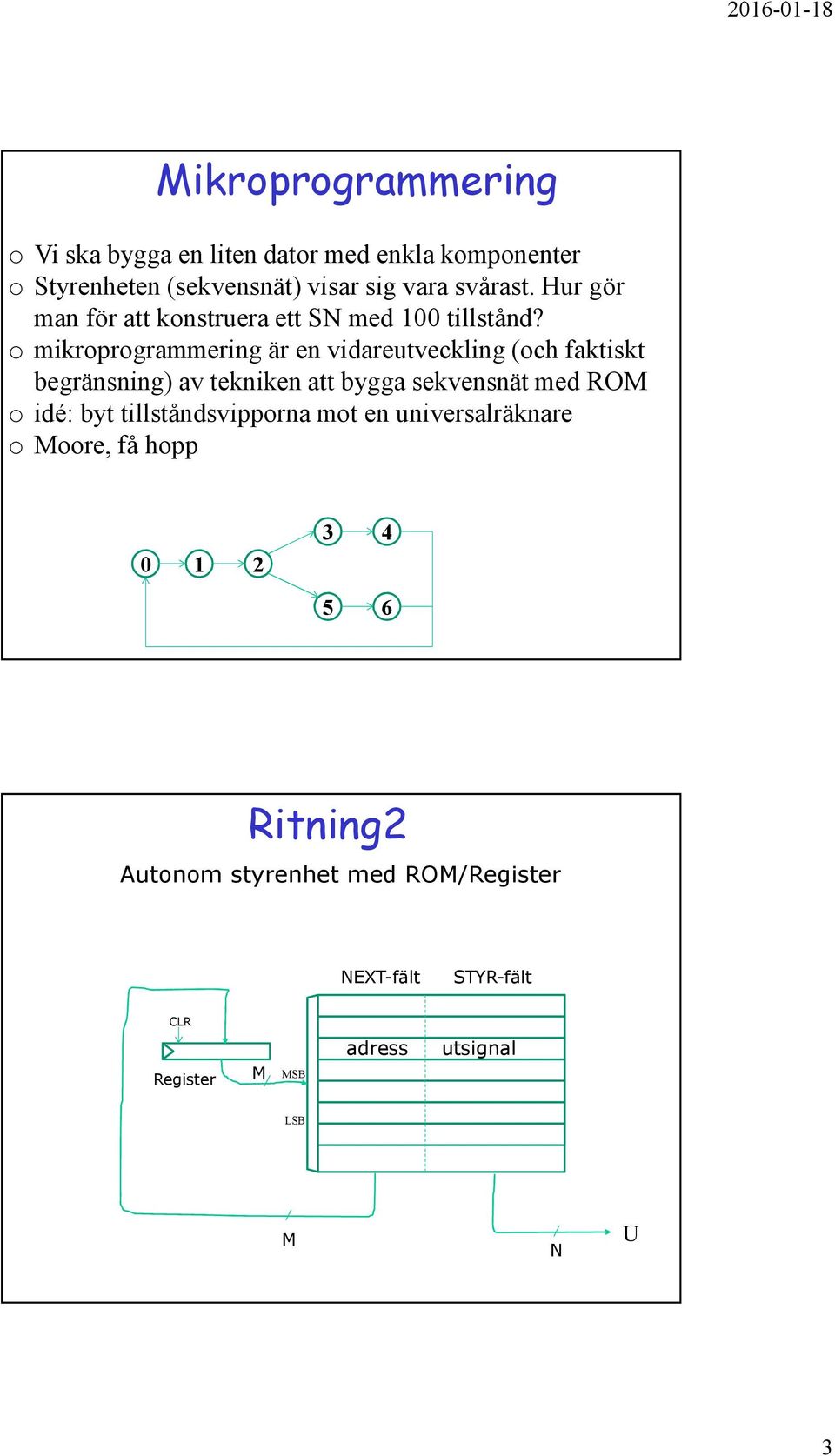 o mikroprogrammering är en vidareutveckling (och faktiskt begränsning) av tekniken att bygga sekvensnät med RO o idé: