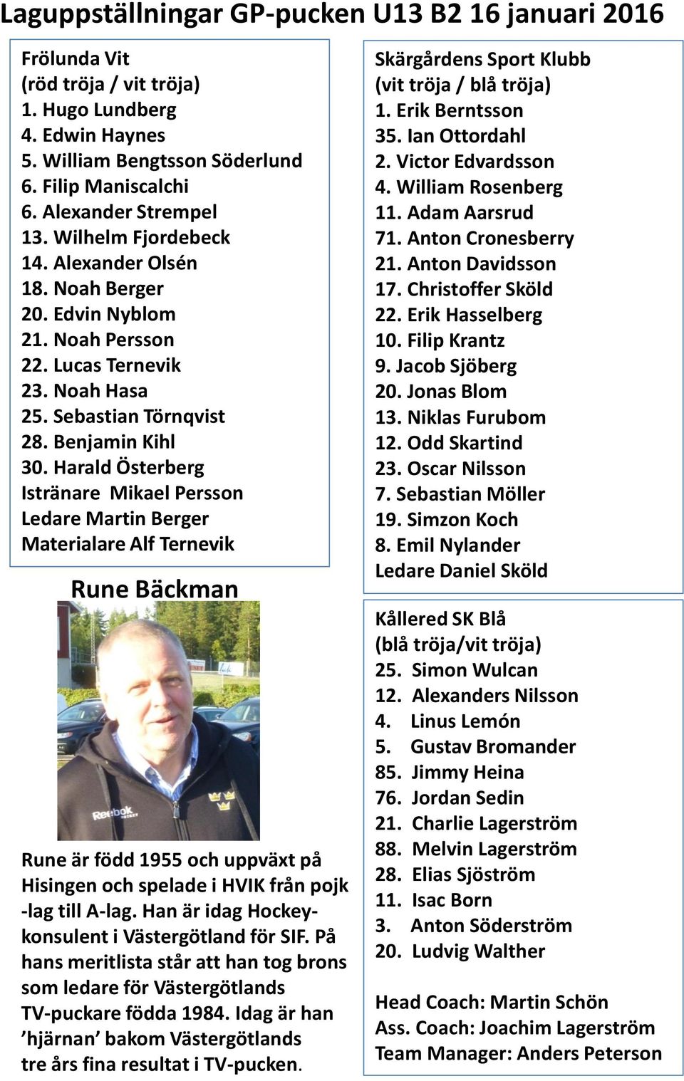 Harald Österberg Istränare Mikael Persson Ledare Martin Berger Materialare Alf Ternevik Rune Bäckman Rune är född 1955 och uppväxt på Hisingen och spelade i HVIK från pojk -lag till A-lag.