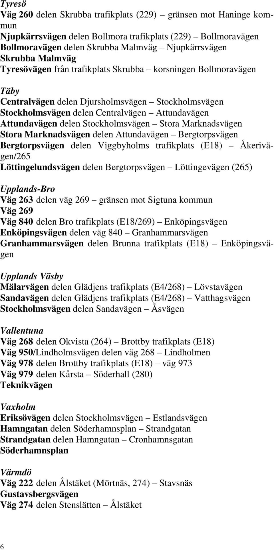 Stockholmsvägen Stora Marknadsvägen Stora Marknadsvägen delen Attundavägen Bergtorpsvägen Bergtorpsvägen delen Viggbyholms trafikplats (E18) Åkerivägen/265 Löttingelundsvägen delen Bergtorpsvägen