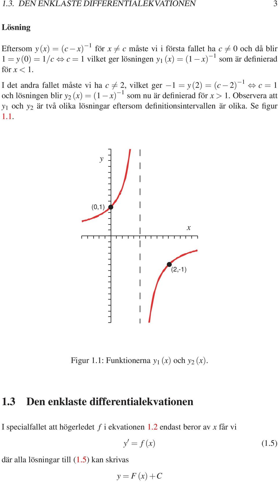 I det andra fallet måste vi ha c 2, vilket ger 1 = y(2) = (c 2) 1 c = 1 och lösningen blir y 2 (x) = (1 x) 1 som nu är definierad för x > 1.