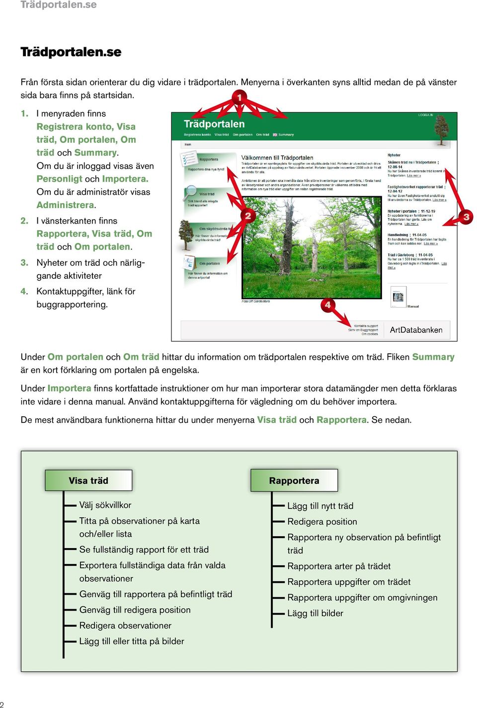 . I vänsterkanten finns Rapportera, Visa träd, Om träd och Om portalen.. Nyheter om träd och närliggande aktiviteter 4. Kontaktuppgifter, länk för buggrapportering.