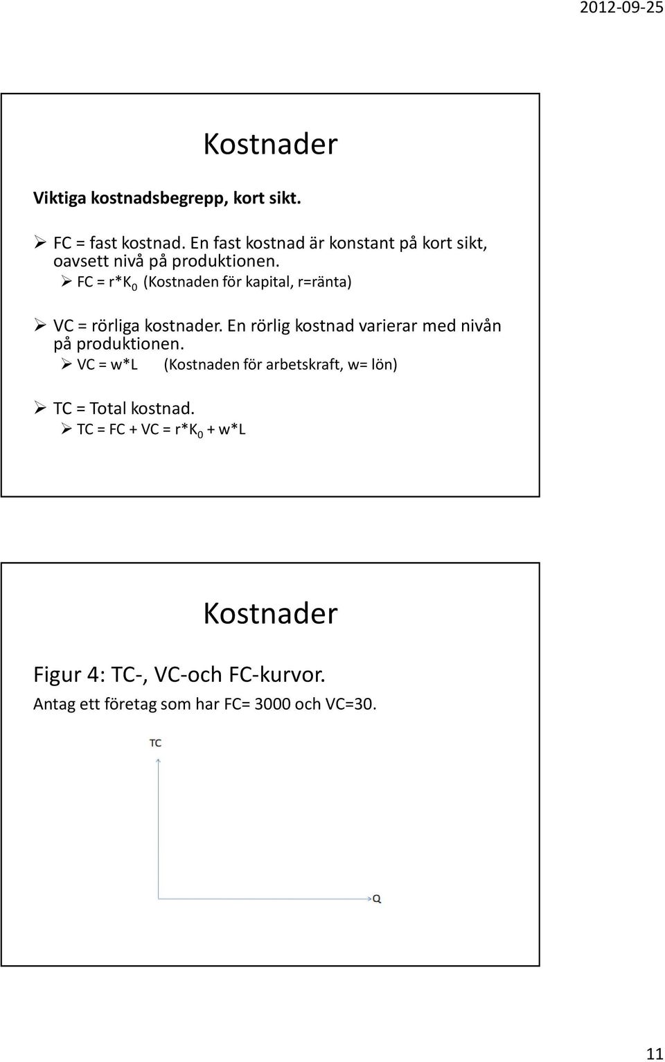 FC = r*k 0 (Kostnaden för kapital, r=ränta) VC = rörliga kostnader.