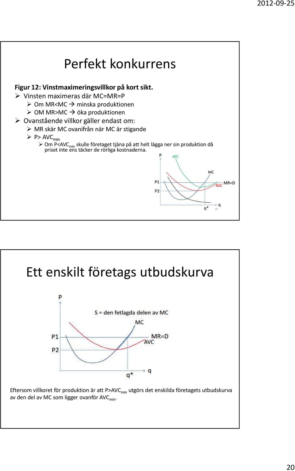 ovanifrån när MC är stigande P> AVC min Om P<AVC min skulle företaget tjäna på att helt lägga ner sin produktion då priset inte ens