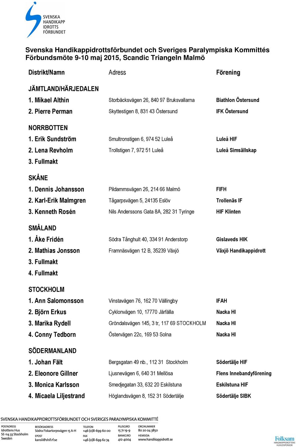 Fullmakt SKÅNE 1. Dennis Johansson Pildammsvägen 26, 214 66 Malmö FIFH 2. Karl-Erik Malmgren Tågarpsvägen 5, 24135 Eslöv Trollenäs IF 3.