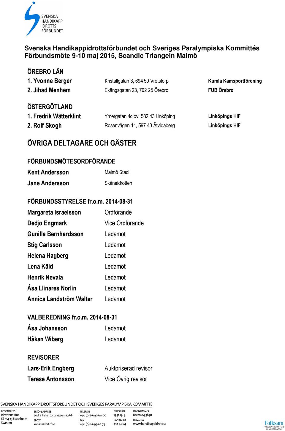 Rolf Skogh Rosenvägen 11, 597 43 Åtvidaberg Linköpings HIF ÖVRIGA DELTAGARE OCH GÄSTER FÖRBUNDSMÖTESORDFÖRANDE Kent Andersson Jane Andersson Malmö