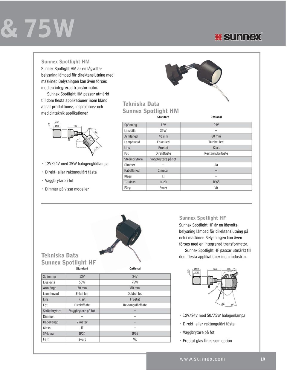 Tekniska Data Sunnex Spotlight HM al 5 12V 35W 24V mm 8 mm Enkel led Dubbel led 8 Lins Frostat Rectangulärfäste 12V/24V med 35W halogenglödlampa Vaggbrytare på fot Ja Direkt- eller rektangulärt fäste