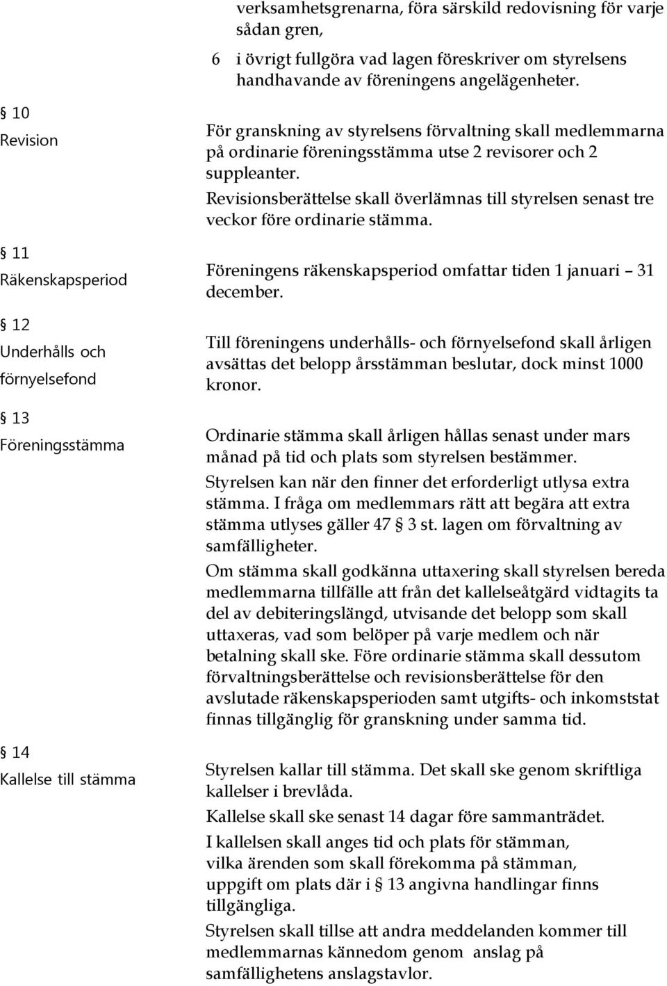 2 revisorer och 2 suppleanter. Revisionsberättelse skall överlämnas till styrelsen senast tre veckor före ordinarie stämma. Föreningens räkenskapsperiod omfattar tiden 1 januari 31 december.