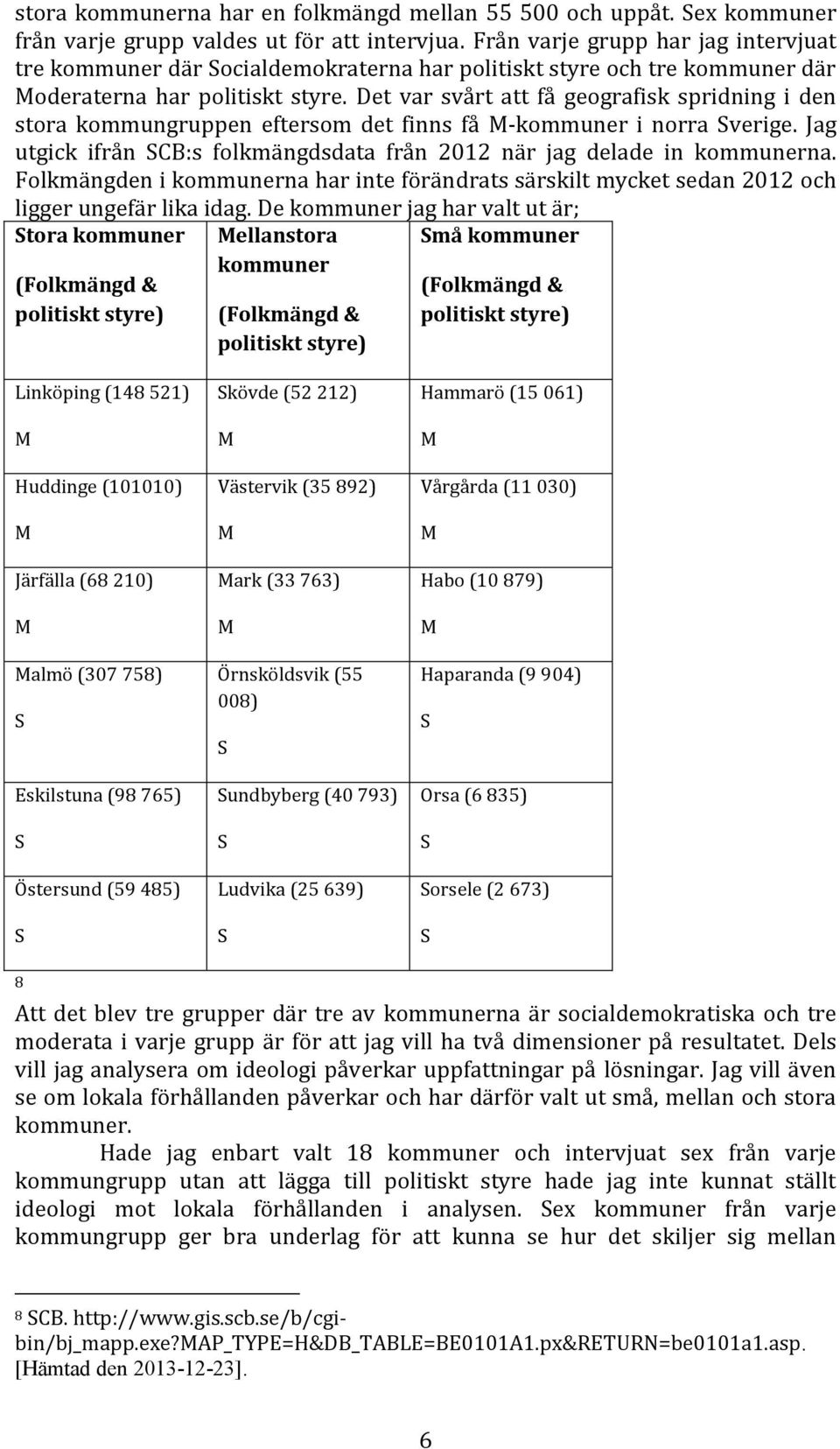 Det var svårt att få geografisk spridning i den stora kommungruppen eftersom det finns få M-kommuner i norra Sverige. Jag utgick ifrån SCB:s folkmängdsdata från 2012 när jag delade in kommunerna.