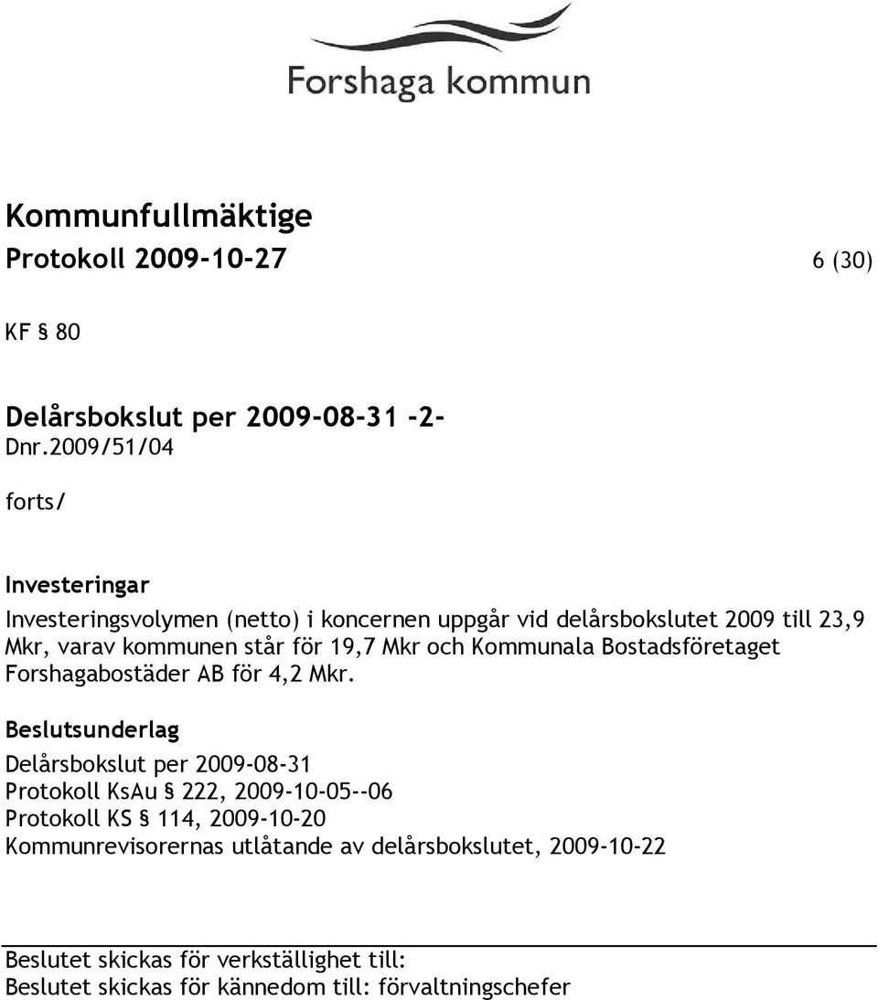 står för 19,7 Mkr och Kommunala Bostadsföretaget Forshagabostäder AB för 4,2 Mkr.