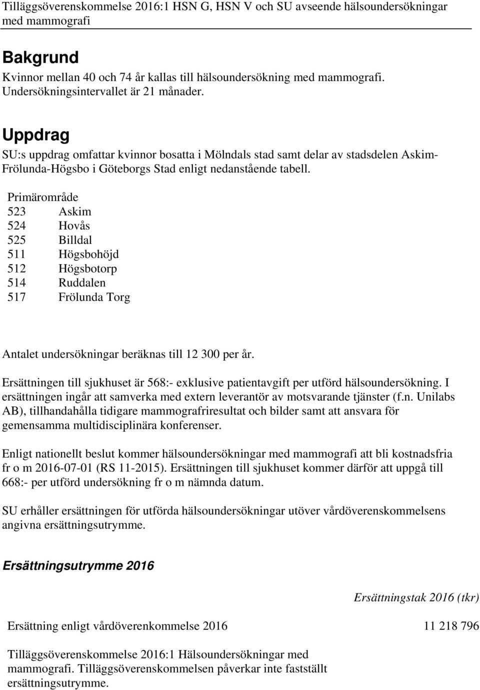 Primärområde 523 Askim 524 Hovås 525 Billdal 511 Högsbohöjd 512 Högsbotorp 514 Ruddalen 517 Frölunda Torg Antalet undersökningar beräknas till 12 300 per år.