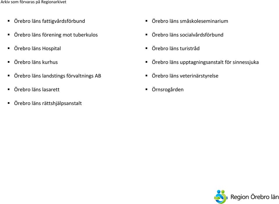 småskoleseminarium Örebro läns socialvårdsförbund Örebro läns turistråd Örebro läns
