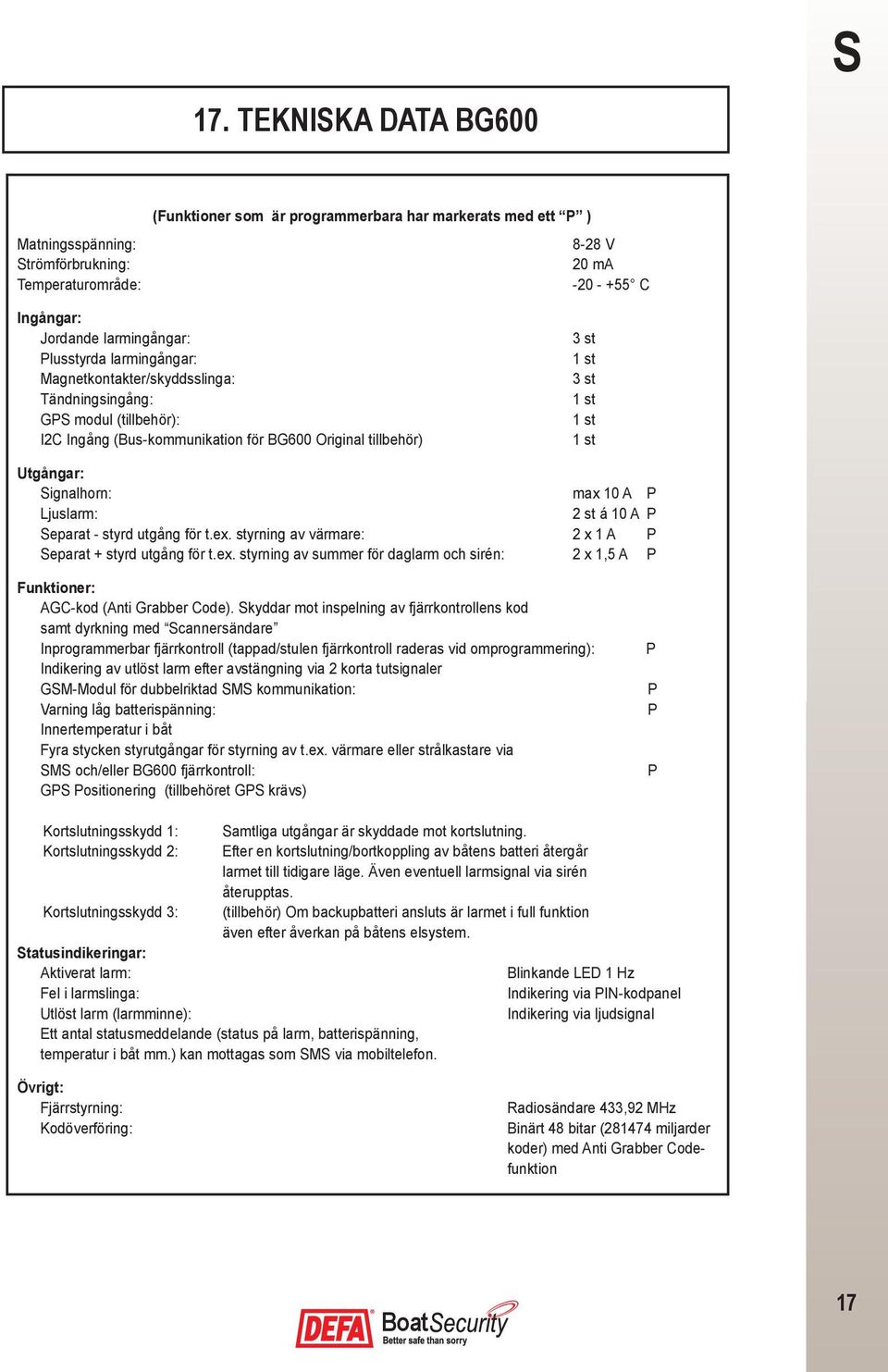 Signalhorn: max 10 A P Ljuslarm: 2 st á 10 A P Separat - styrd utgång för t.ex. styrning av värmare: 2 x 1 A P Separat + styrd utgång för t.ex. styrning av summer för daglarm och sirén: 2 x 1,5 A P Funktioner: AGC-kod (Anti Grabber Code).