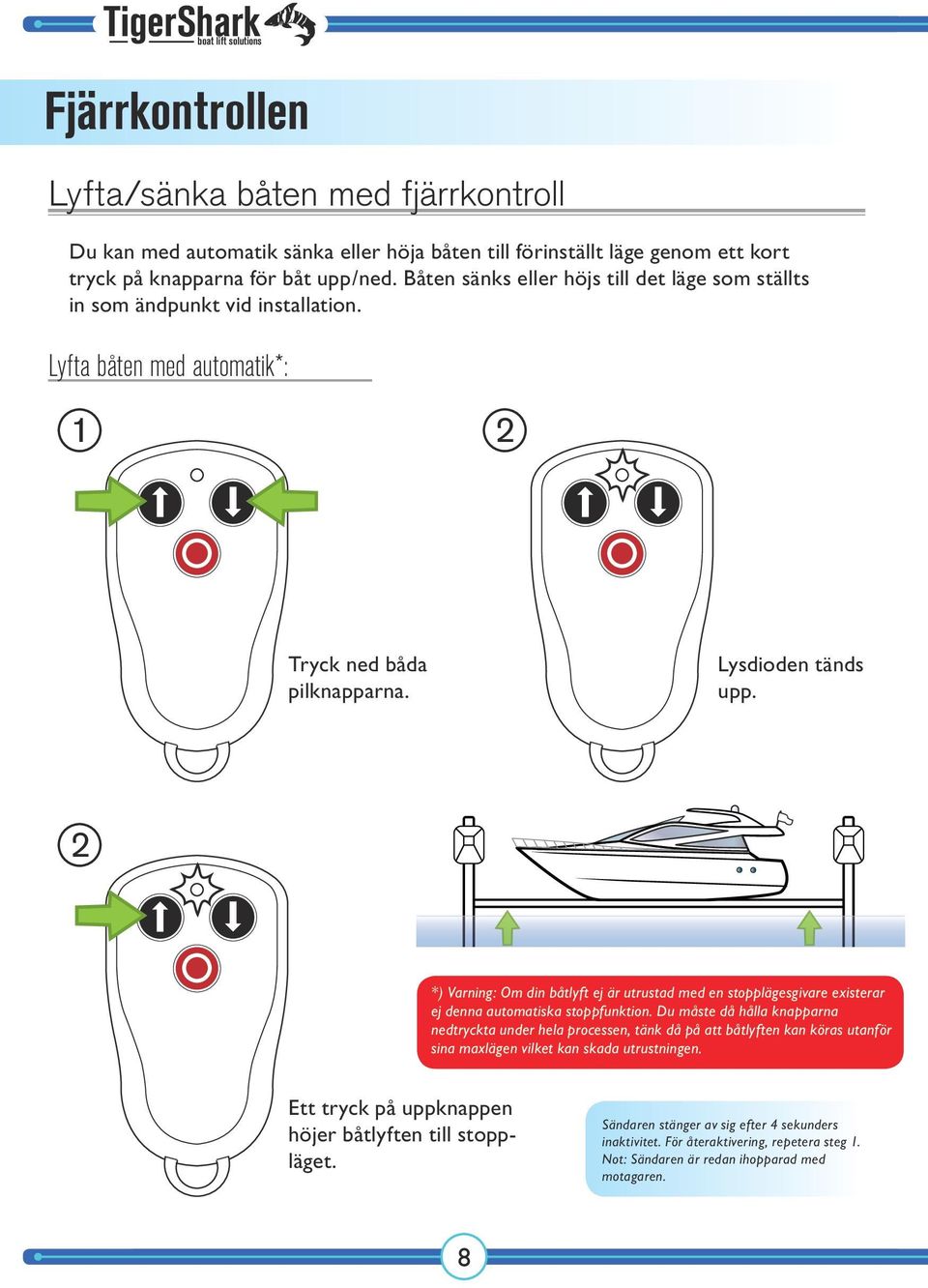 2 *) Varning: Om din båtlyft ej är utrustad med en stopplägesgivare existerar ej denna automatiska stoppfunktion.