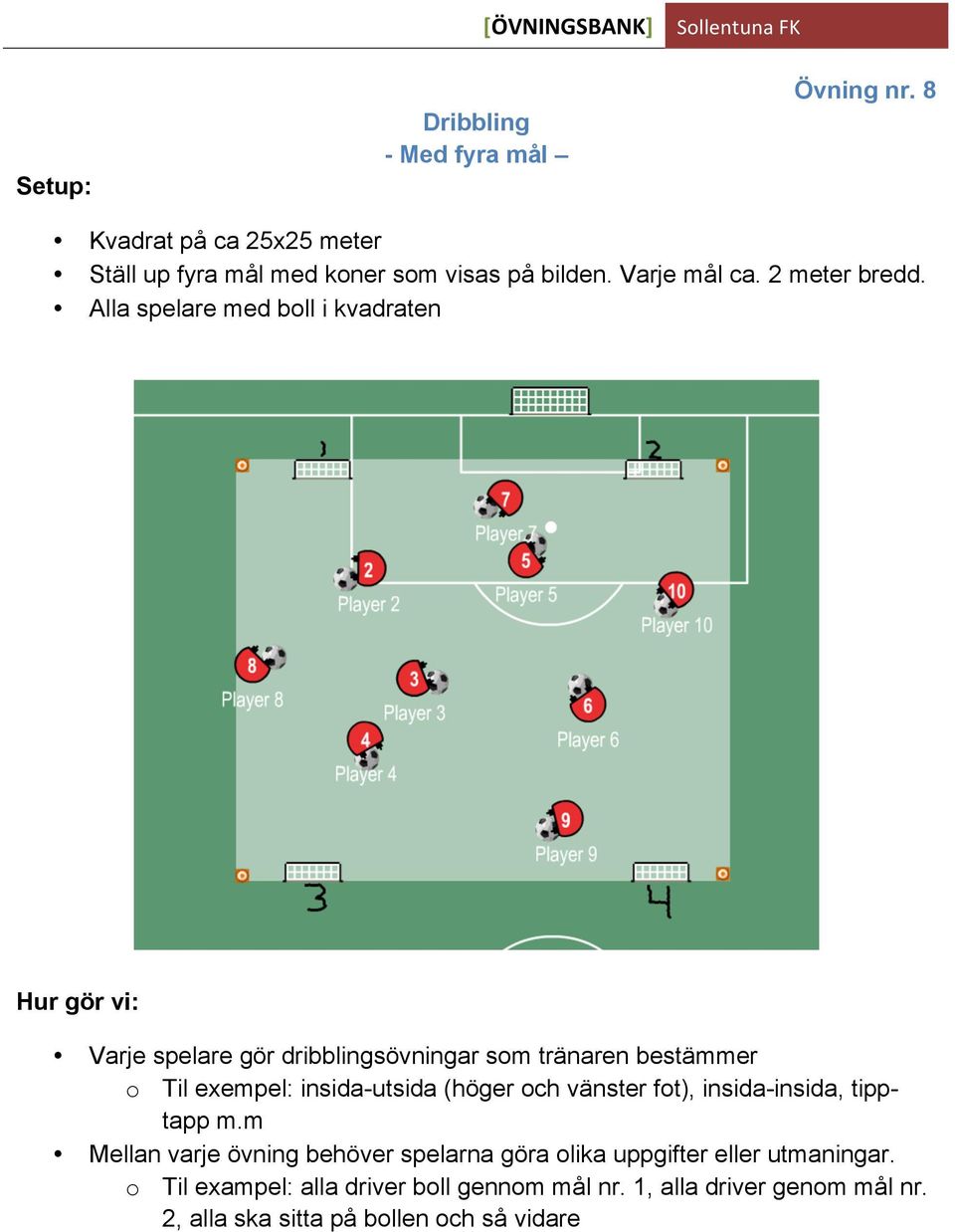 Alla spelare med boll i kvadraten Varje spelare gör dribblingsövningar som tränaren bestämmer o Til exempel: insida-utsida