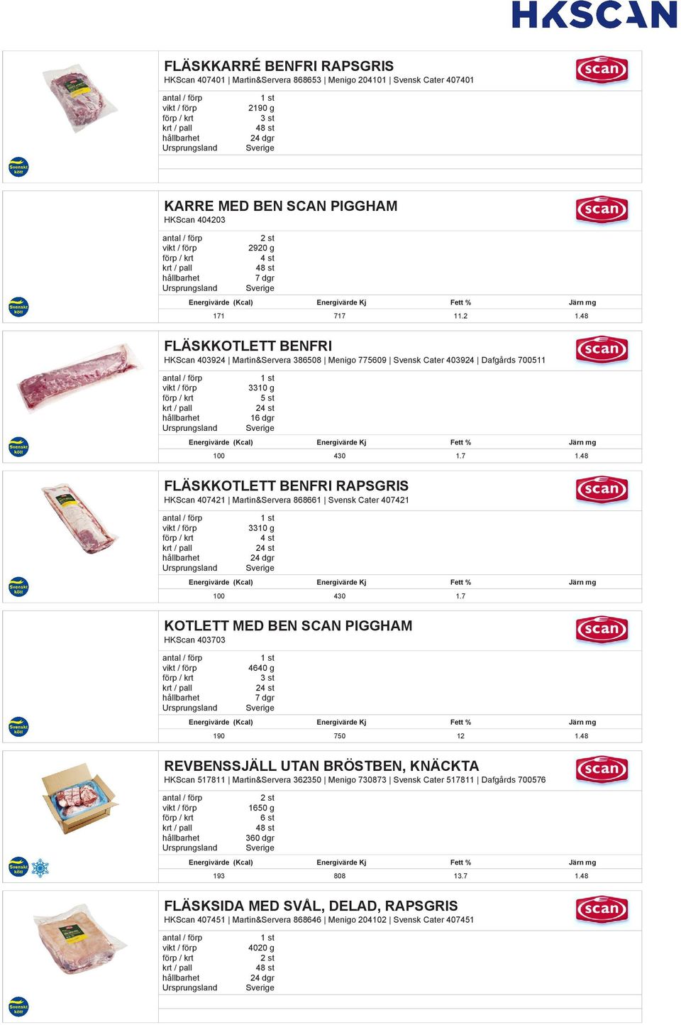48 FLÄSKKOTLETT BENFRI RAPSGRIS HKScan 407421 Martin&Servera 868661 Svensk Cater 407421 3310 g 2 24 dgr 100 430 1.7 KOTLETT MED BEN SCAN PIGGHAM HKScan 403703 4640 g 2 7 dgr 190 750 12 1.