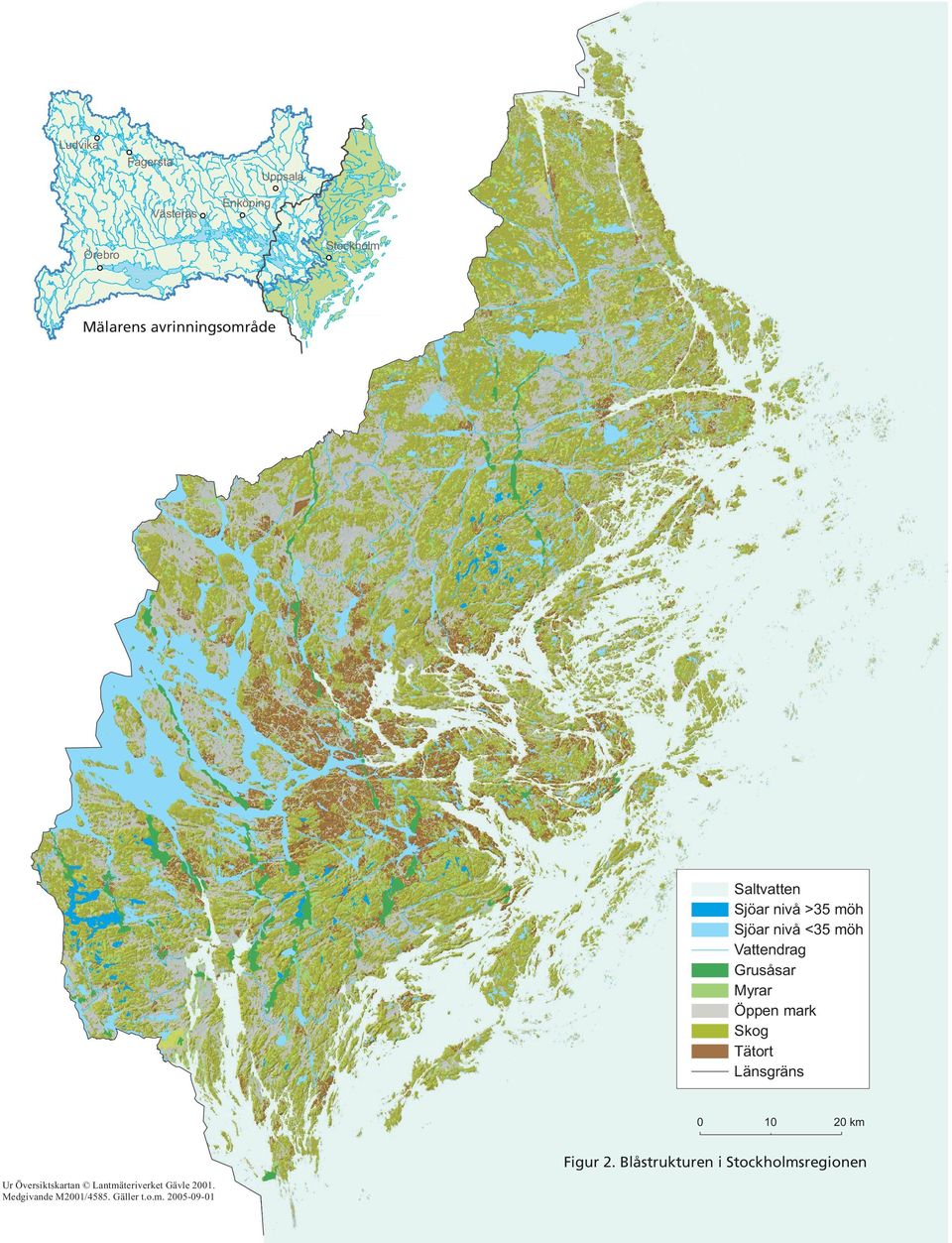 Grusåsar Myrar Öppen mark Skog Tätort Länsgräns 0 10 20 km Figur 2.